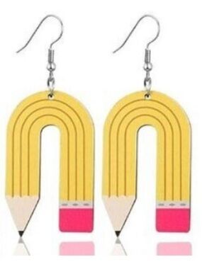 Teacher Pencil Rainbow Hook Earrings - Yellow